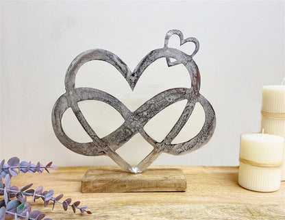 Metal Silver Entwined Hearts On A Wooden Base Large