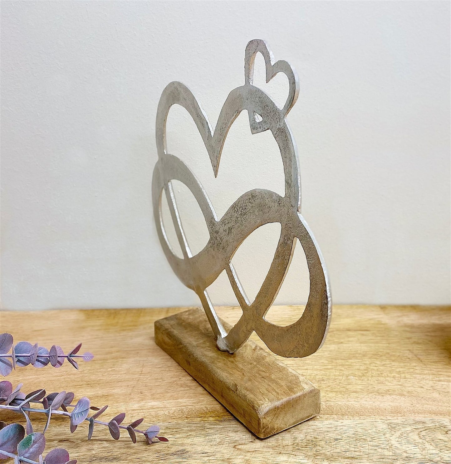 Metal Silver Entwined Hearts On A Wooden Base Large