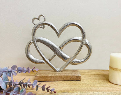 Metal Silver Entwined Hearts On A Wooden Base Medium