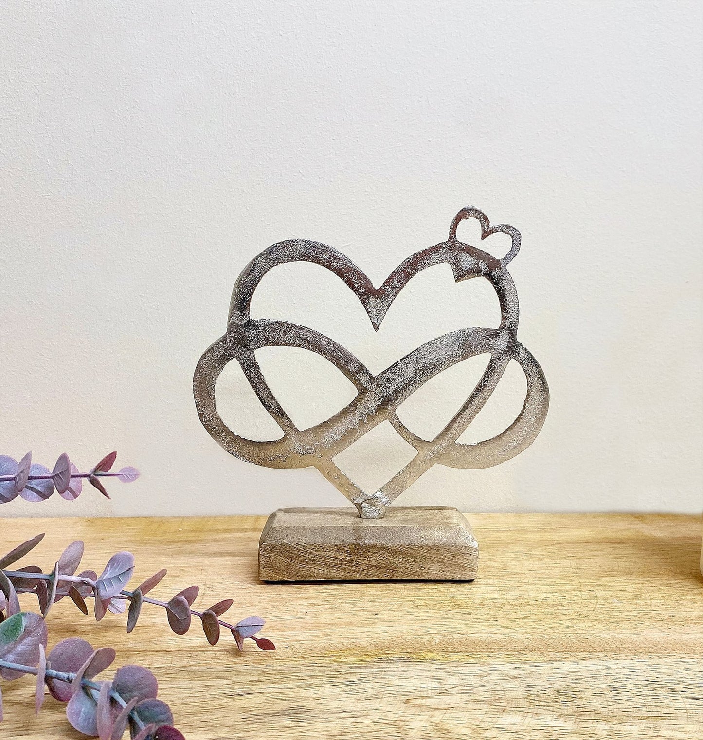 Metal Silver Entwined Hearts On A Wooden Base Small