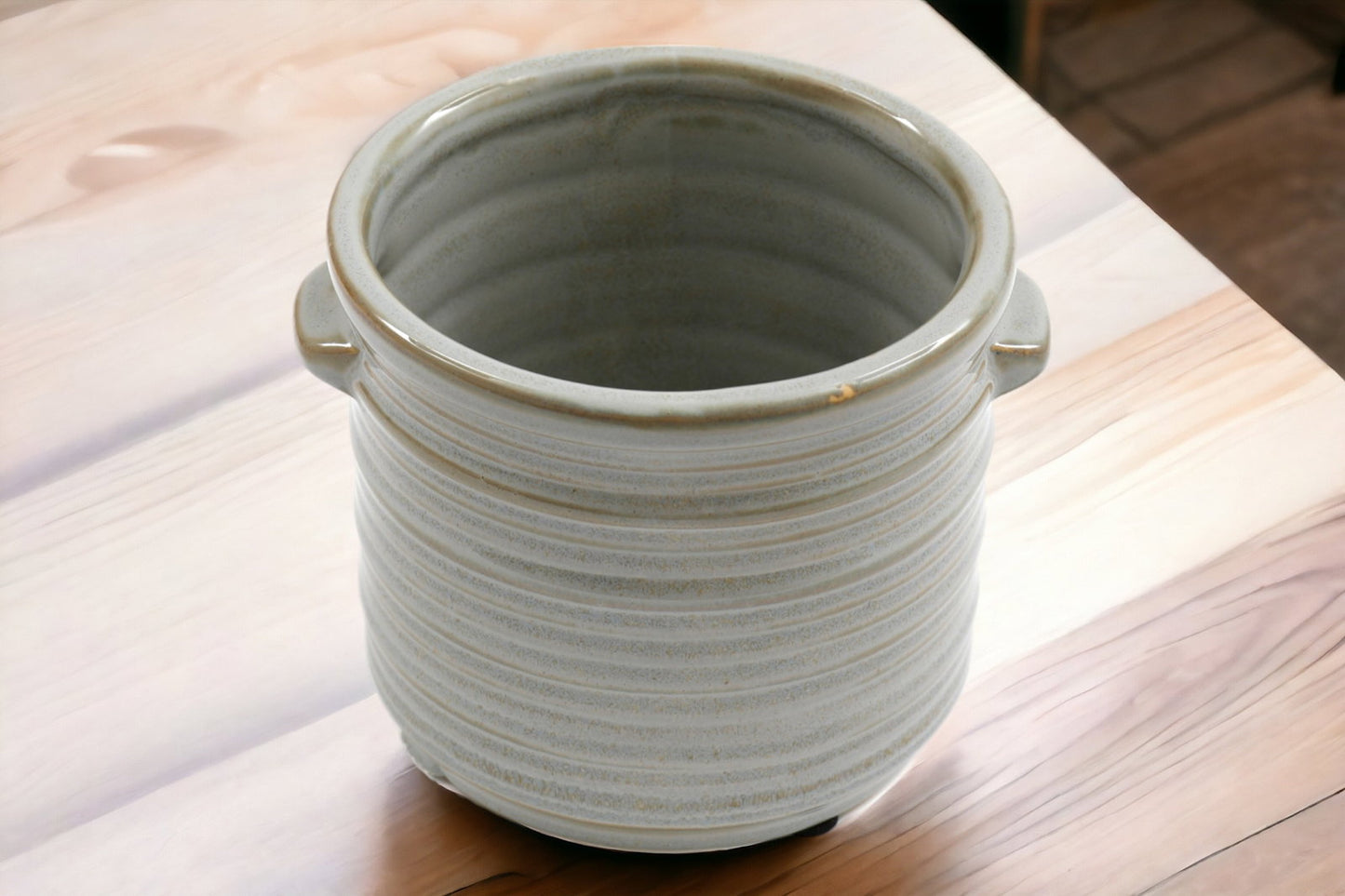 Ceramic Grey Ribbed Planter With Handles 12.5cm