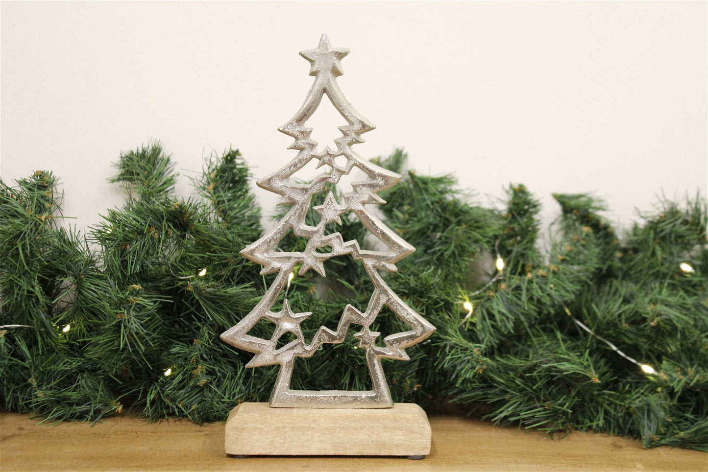 Silver Christmas Tree On Wooden Base Small