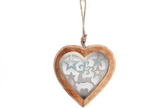 Large Wood Hanging Heart With Metal Reindeer & Stars