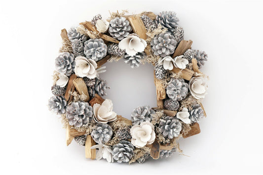 White Flowers & Pinecone Frosted Wreath