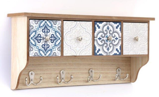 Wooden Blue Wall Shelf With 4 Drawers & Hooks 46cm