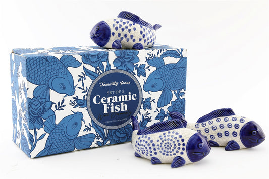 Set of 3 Blue Koi Fish Ceramic Ornaments Willow Design