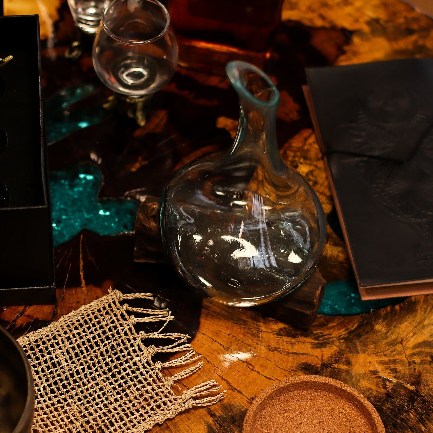 Molten Glass Mini Decanter on Wood 20cm