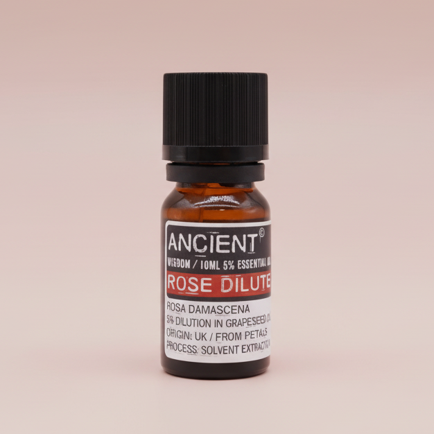 Bottle of Ancient Wisdom Rose Dilute essential oil on a white background