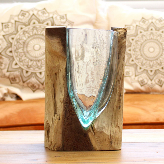 Molton Glass V-shaped Art Vase on Wood