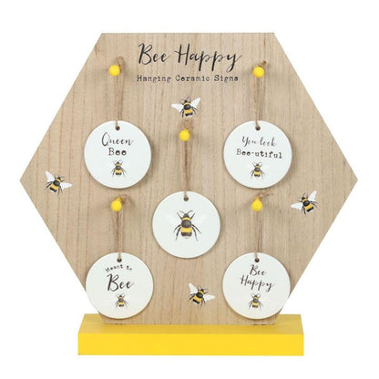 Bee Happy Ceramic Hanging Sign Display - DuvetDay.co.uk