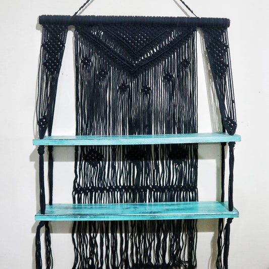 Black Macrame Hanging Shelves - Turquoise - DuvetDay.co.uk