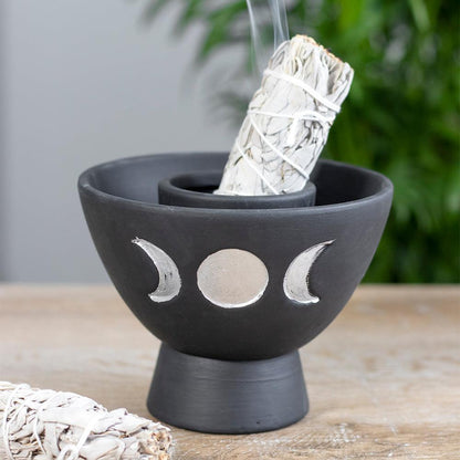 Black Triple Moon Terracotta Smudge Bowl - DuvetDay.co.uk