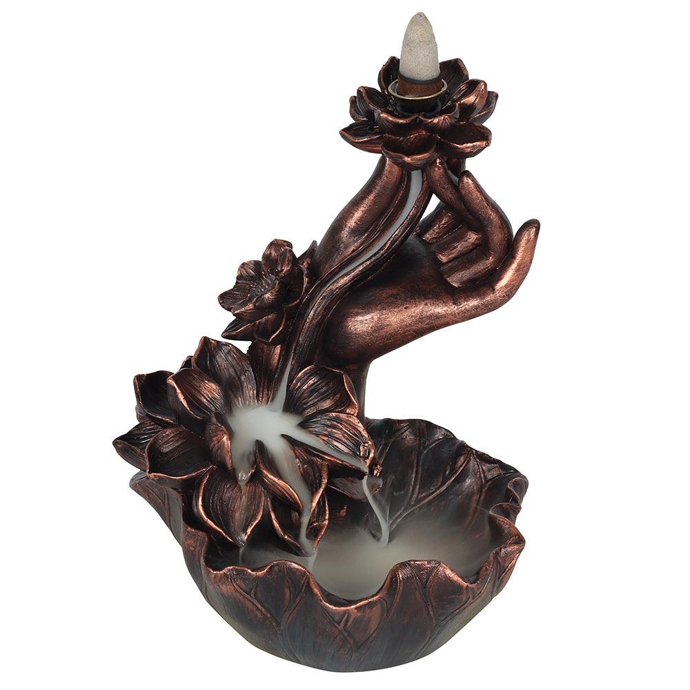 Bronze Effect Hand with Flower Backflow Incense Burner - DuvetDay.co.uk