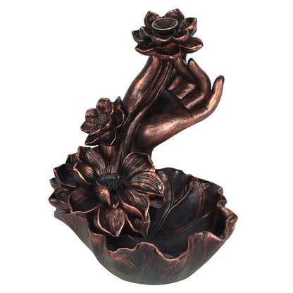Bronze Effect Hand with Flower Backflow Incense Burner - DuvetDay.co.uk