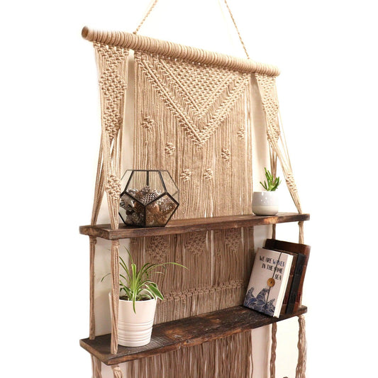 Brown Macrame Hanging Shelves - Brown - DuvetDay.co.uk