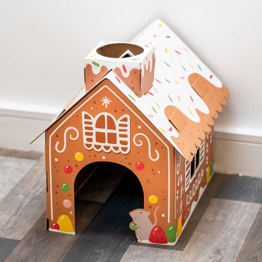 Cardboard Cat Den Playhouse - Christmas Gingerbread House - DuvetDay.co.uk