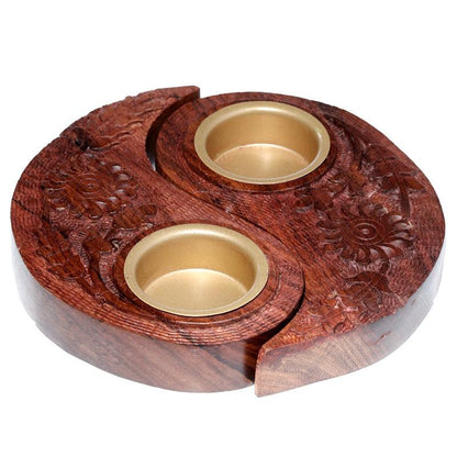 Carved Wood Round Yin Yang Tea Light Holder (Item price is for both halves) - DuvetDay.co.uk