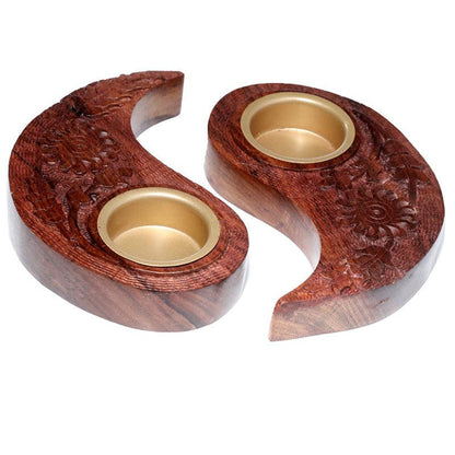 Carved Wood Round Yin Yang Tea Light Holder (Item price is for both halves) - DuvetDay.co.uk