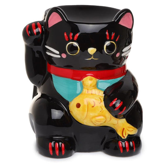 Ceramic Black Maneki Neko Lucky Cat Oil Burner - DuvetDay.co.uk
