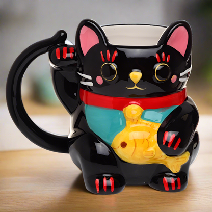 Ceramic Black Maneki Neko Lucky Cat Shaped Collectable Mug