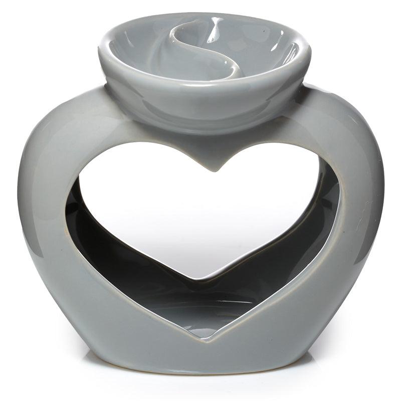 Ceramic Heart Shaped Double Dish and Tea Light Oil and Wax Burner - Grey - DuvetDay.co.uk