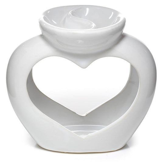 Ceramic Heart Shaped Double Dish and Tea Light Oil and Wax Burner - White