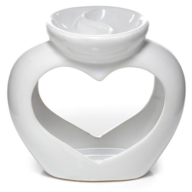 Ceramic Heart Shaped Double Dish and Tea Light Oil and Wax Burner - White - DuvetDay.co.uk