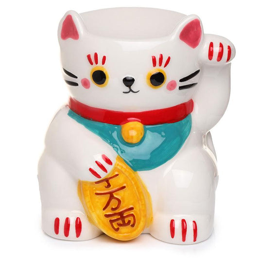 Ceramic White Maneki Neko Lucky Cat Oil Burner - DuvetDay.co.uk