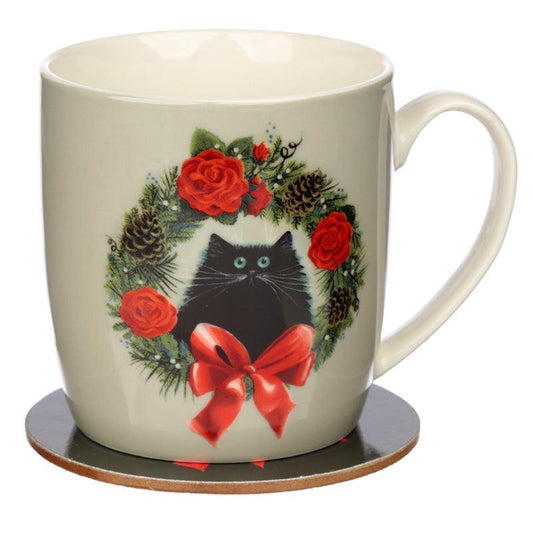 Christmas Porcelain Mug & Coaster Set - Kim Haskins Christmas Wreath Cat - DuvetDay.co.uk
