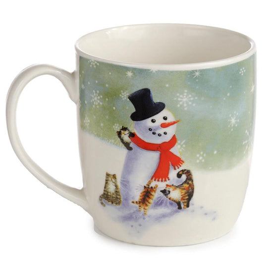 Christmas Porcelain Mug - Kim Haskins Cats and Snowman - DuvetDay.co.uk