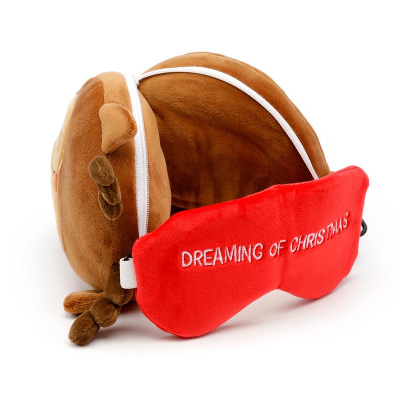 Christmas Reindeer Relaxeazzz Plush Round Travel Pillow & Eye Mask Set - DuvetDay.co.uk