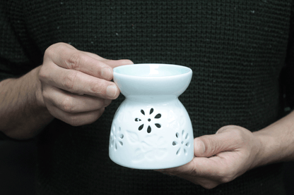 Classic White Oil Burner - Floral with Teal Well - DuvetDay.co.uk