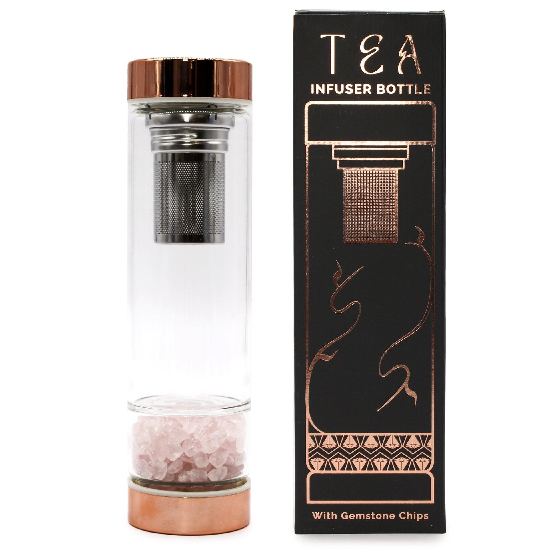 Crystal Glass Tea Infuser Bottle - Rose Gold - Rose Quartz - DuvetDay.co.uk