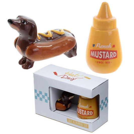 Cute Ceramic Sausage Dog and Mustard Salt and Pepper Set - DuvetDay.co.uk