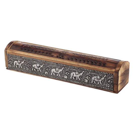 Decorative Elephant Inlay Sliding Lid Wooden Incense Burner Box - DuvetDay.co.uk