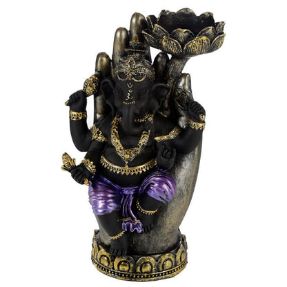 Decorative Purple, Gold & Black Ganesh - Lotus Tea Light Holder - DuvetDay.co.uk