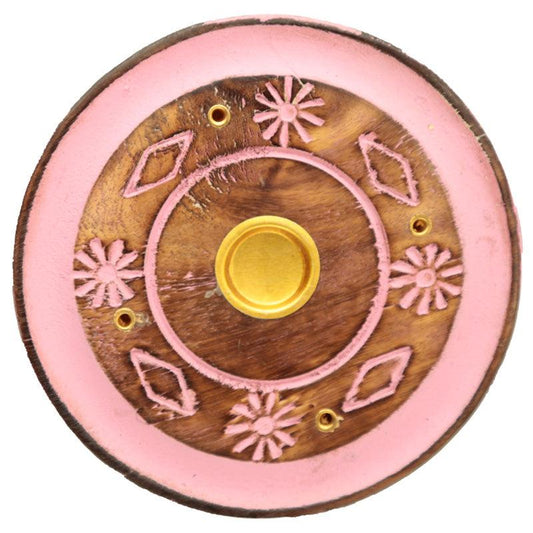 Decorative Round Painted Flower Wooden Incense Burner Ash Catcher - DuvetDay.co.uk