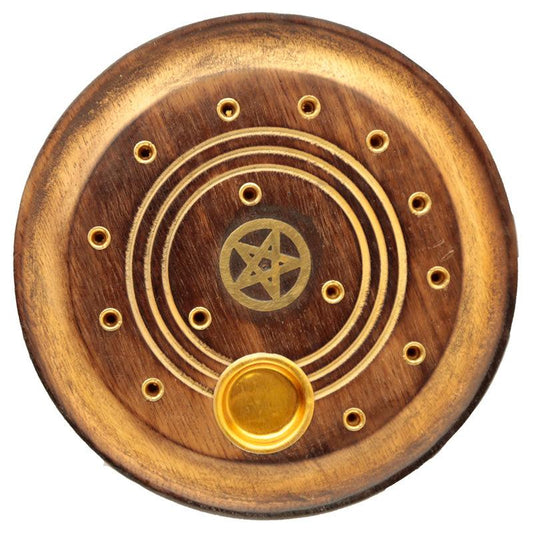 Decorative Round Pentagram Wooden Incense Burner Ash Catcher - DuvetDay.co.uk