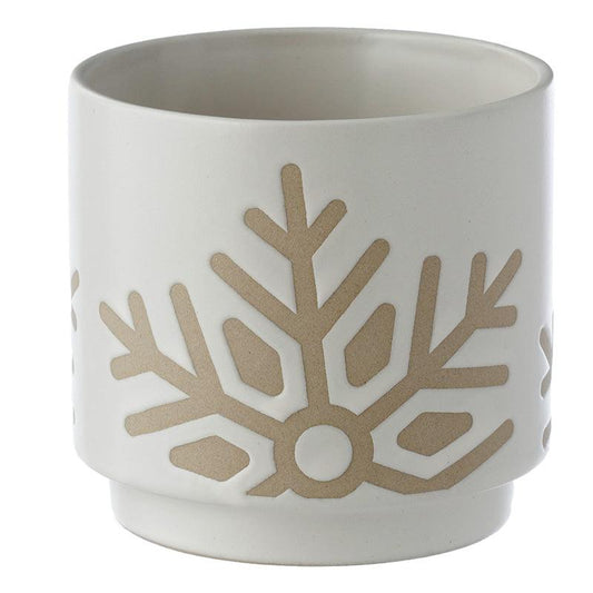 Decorative Stoneware Indoor Freestanding Planter/Small Plant Pot - Christmas Snowflake White Glaze Relief - DuvetDay.co.uk