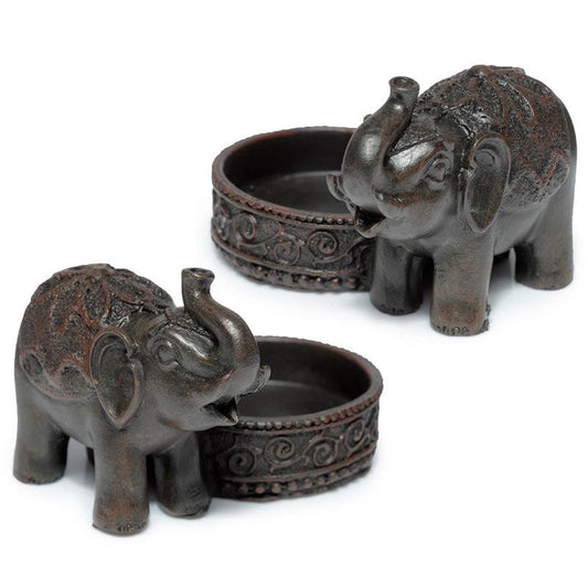 Decorative Tea Light Candle Holder - Peace of the East Wood Effect Elephant - DuvetDay.co.uk