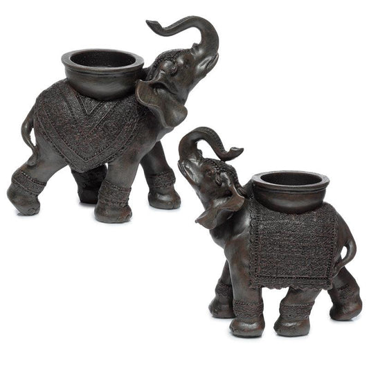 Decorative Tea Light Candle Holder - Peace of the East Wood Effect Elephant on Back - DuvetDay.co.uk