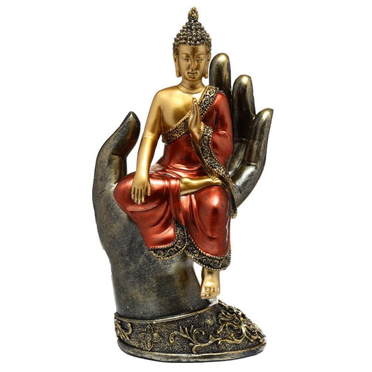 Decorative Thai Buddha Figurine - Gold and Red Sitting in a Hand - DuvetDay.co.uk