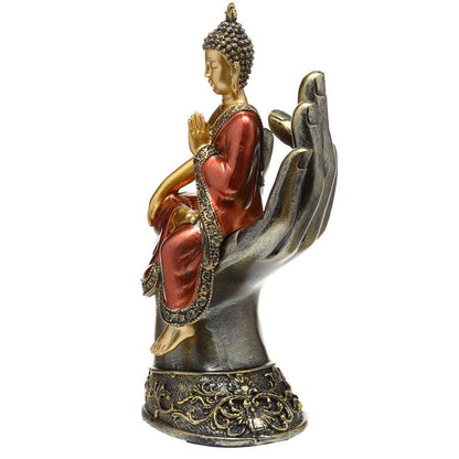 Decorative Thai Buddha Figurine - Gold and Red Sitting in a Hand - DuvetDay.co.uk