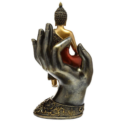 Decorative Thai Buddha Figurine - Gold and Red Sitting in a Hand - DuvetDay.co.uk