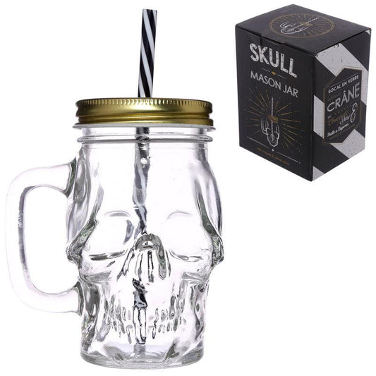 Glass Drinking Jar with Lid &amp; Straw - Skull Shaped