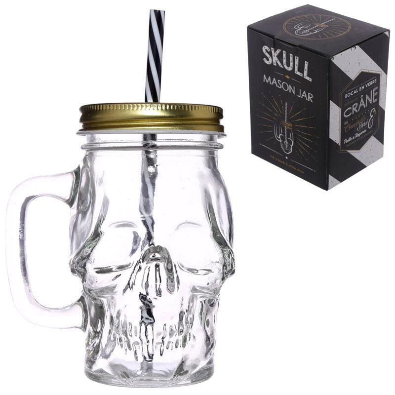 Glass Drinking Jar with Lid & Straw - Skull Shaped - DuvetDay.co.uk