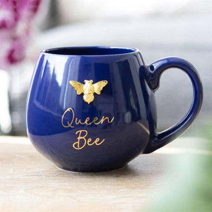 Gold Queen Bee Rounded Navy Blue Mug - DuvetDay.co.uk