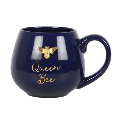 Gold Queen Bee Rounded Navy Blue Mug - DuvetDay.co.uk