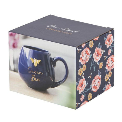 Gold Queen Bee Rounded Navy Blue Mug - DuvetDay.co.uk