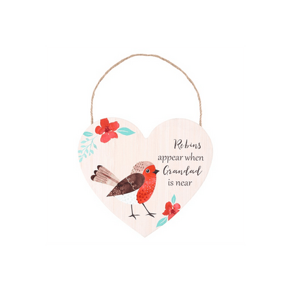 Grandad Winter Robin Hanging Heart Sign - DuvetDay.co.uk